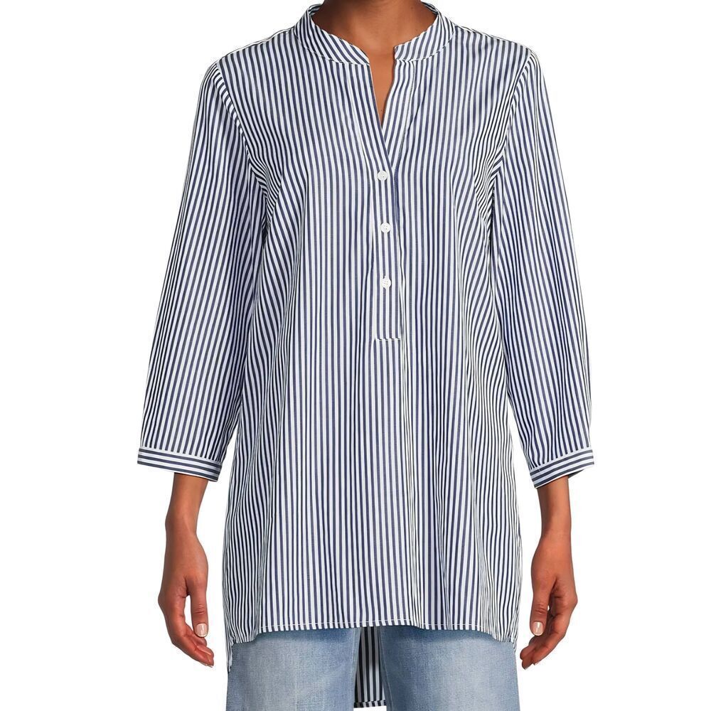 Harshman Derrington Tunic Top Women's Large Blue White Striped Cotton Poplin